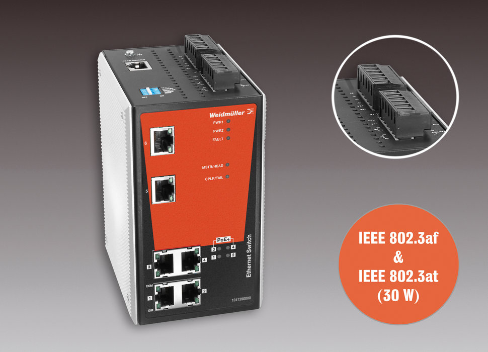 Commutateurs PoE (Power over Ethernet) Weidmüller : commutateurs 6 ports, administrables ou non, avec 4 ports PoE+. Nouveaux commutateurs Ethernet pour applications réseau industrielles.